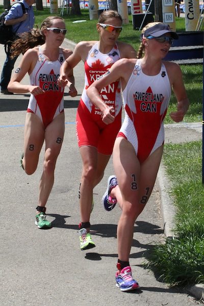 Sweetland, Kretz, and Pennock on the run at the 2013 Edmonton ITU Triathlon World Cup - Photo by Jordan Bryden