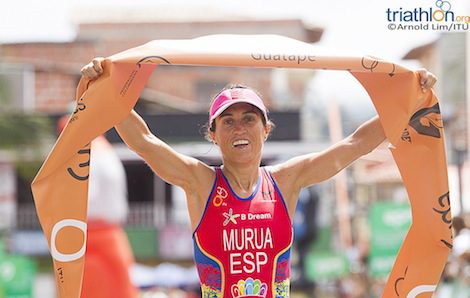 The elite women's winner, Ainhoa Murua, at the International Triathlon Union's World Cup tour in Guatape, Colombia October  27, 2013. (Arnold Lim / ITU).