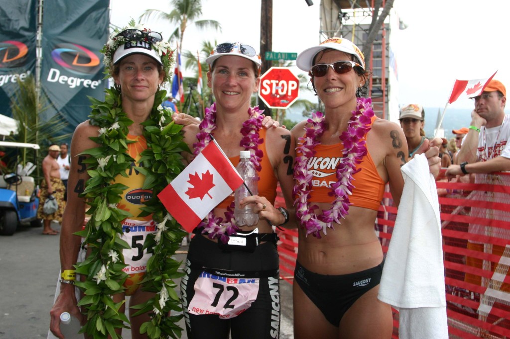 Caption: Lori Bowden, Heather Fuhr and Lisa Bentley at the 2003 Ford Ironman World Championship, Kona, Hawaii Credit: Mark Oleksyn