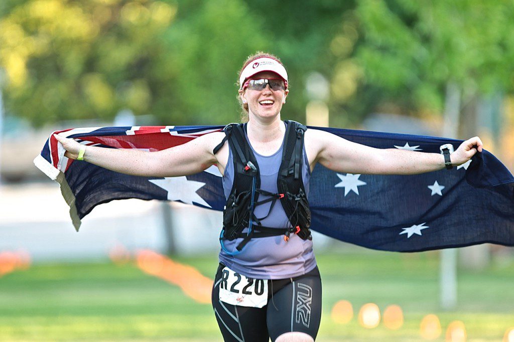 Melissa Urie from Melbourne, Australia finishing the double marathon. Credit: Rick Kent