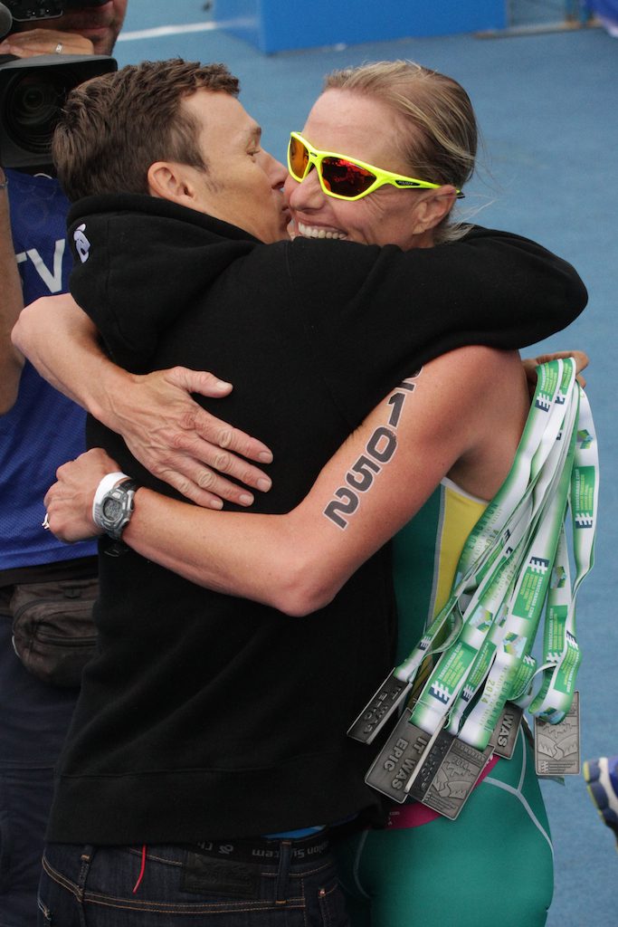 Sydney Olympic Medallists Simon Whitfield and Michellie Jones at the Finish line. Credit: Jordan Bryden