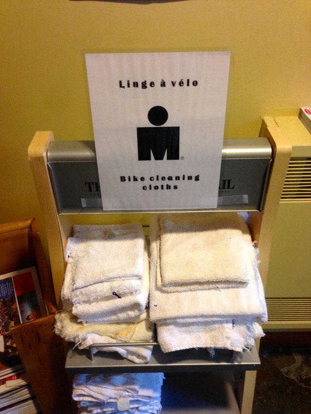 Just one sign the way the town of Tremblant embrace triathletes. Every single hotel had these complimentary towels stationed in their lobbies for athletes to clean off their bikes after a training ride.