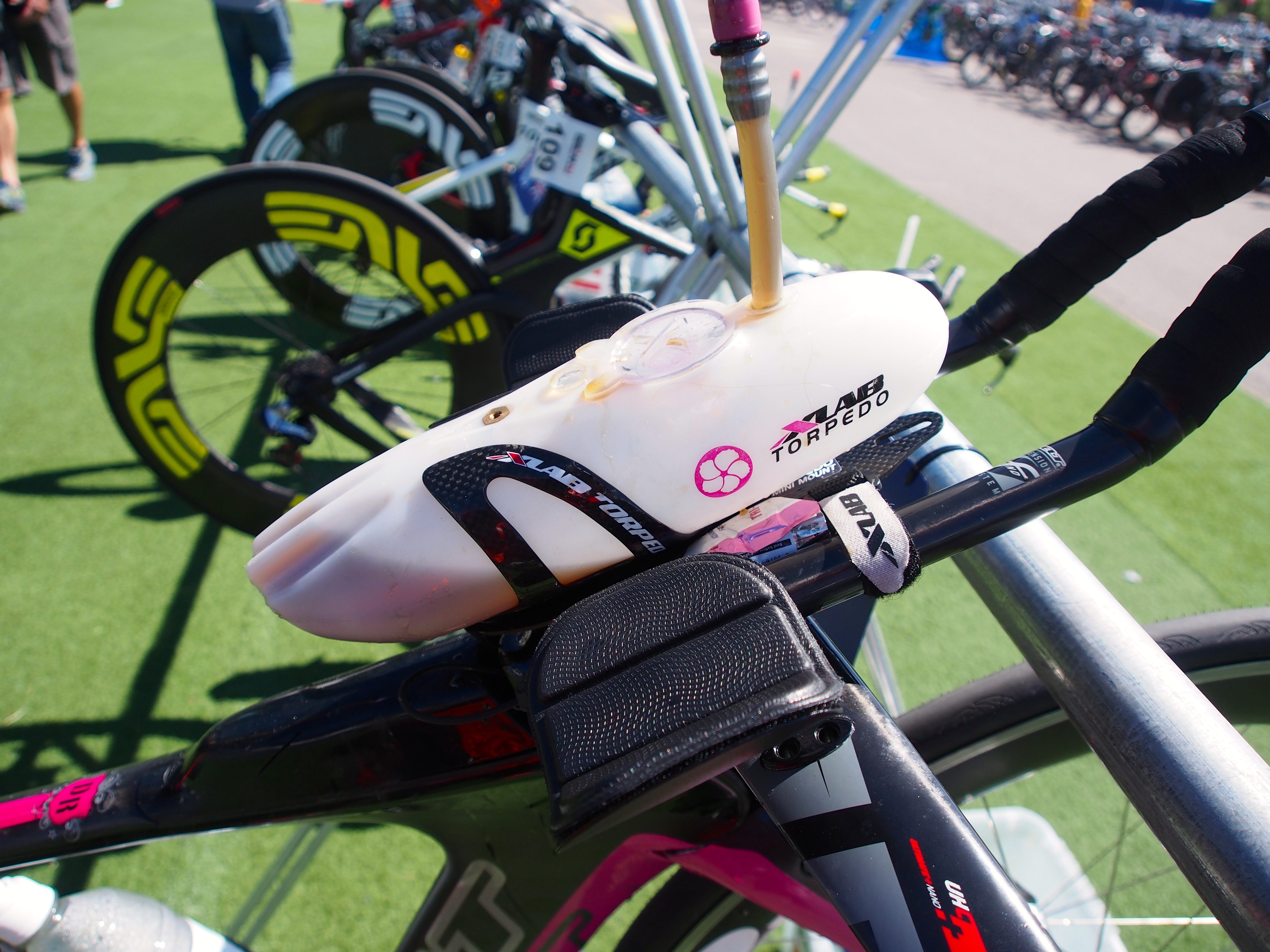 An XLab Torpedo bottle between the bars and another bottle on the seat tube are enough to handle Ryf’s hydration needs at the 70.3 distance.