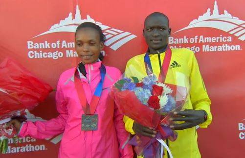 Chicago Marathon winners Dennis Kimetto and Rita Jeptoo.