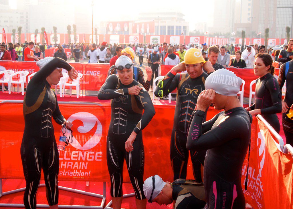 Jodie Stimpson, Jodie Swallow, James Cunnama, Rachel Joyce, and Annabel Luxford suiting up in Bahrain 2014.
