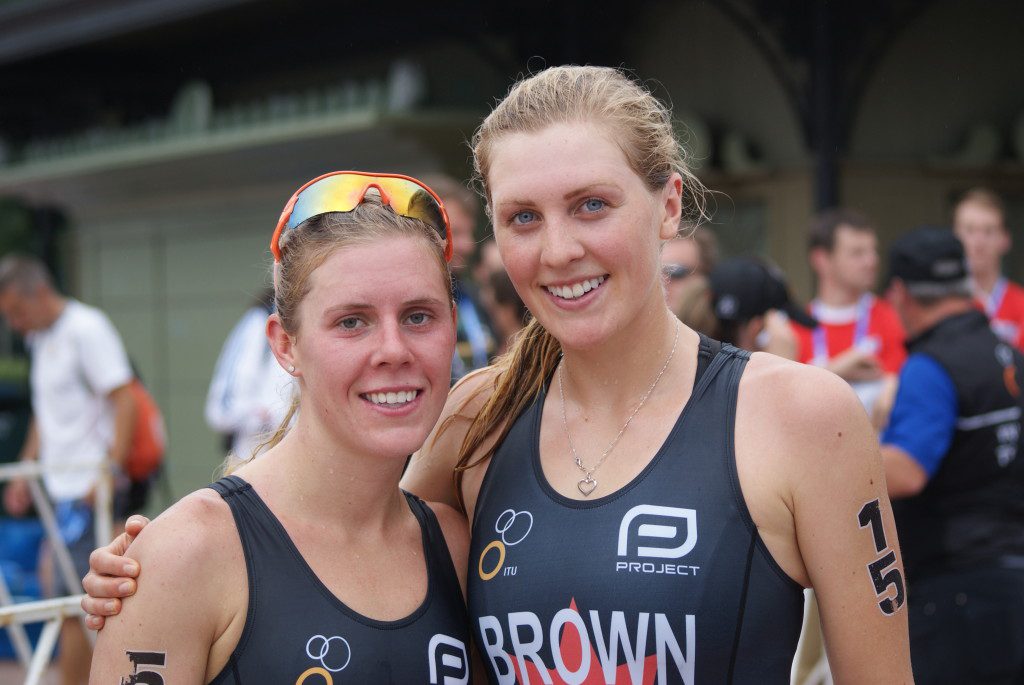 Dominika Jamnicky (12th) and Joanna Brown (14th) are all smiles after the U23 race at the ITU World Championship.