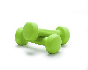 small green dumbbells,  isolated in white