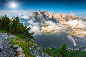 Gruppo Del Cristallo mountain range at foggy summer morning. National Park Tre Cime di Lavaredo. Dolomites, South Tyrol. Location Auronzo, Italy, Europe.