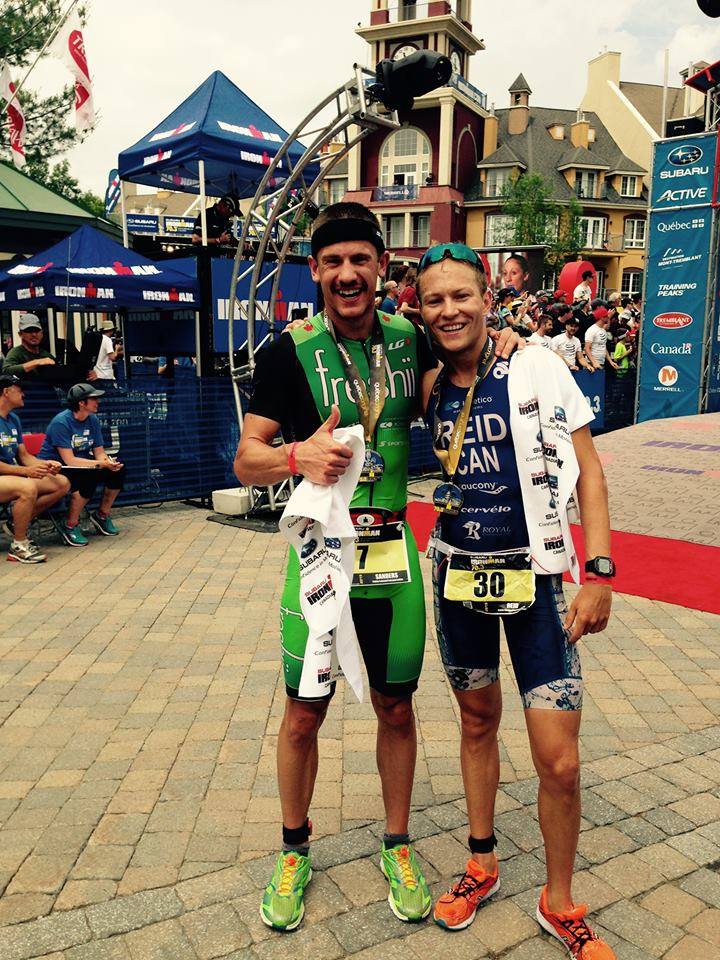 Lionel Sanders and Taylor Reid, first and second respectively at 2015 Ironman 70.3 Mont-Tremblant. Credit: Barrie Shepley.