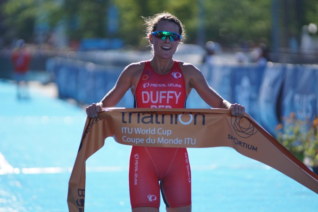 Flora Duffy takes the inaugural Montreal World Cup race.