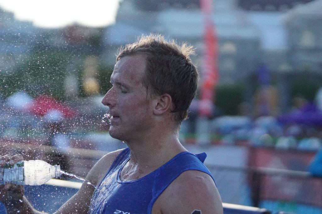 Kristian Blummenfelt cools off after a hot run in Montreal. Photo: Kevin Mackinnon