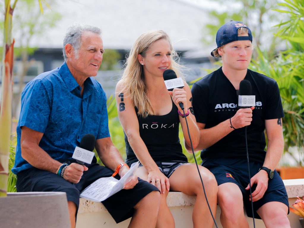 Magali Tisseyre and Eric Lagerstrom chat with Bob Babbitt at the 2016 Island House Invitational Triathlon. 