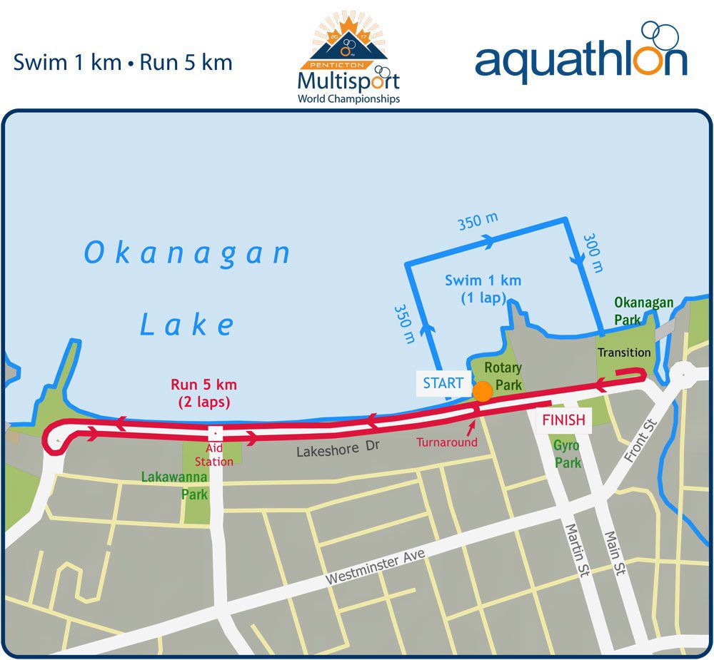 The course uses the same swim start in Okanagan Lake and a 2-loop run through the downtown streets of Penticton, with cheering spectators the entire way.