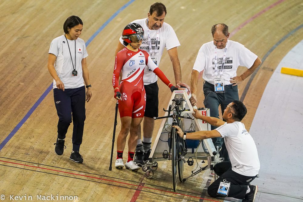 Japan's Miho Fuji prepares for the 500 m time trial at the 2020 UCI para cycling track world championships. Photo: Kevin Mackinnon